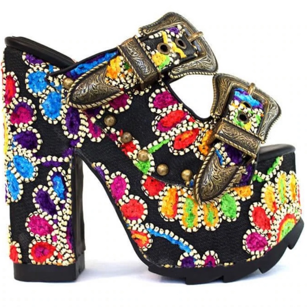 70s Bohemian Platform shoes rainbow embroidered